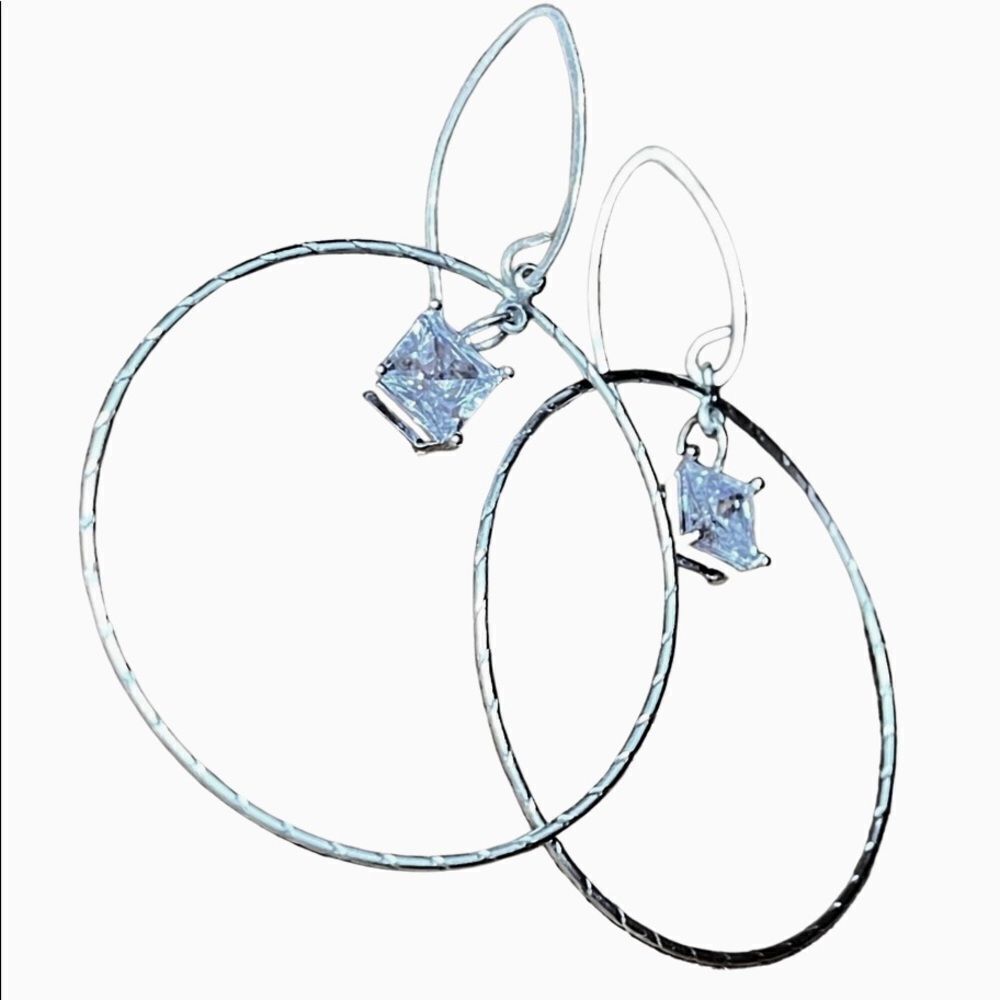 HANDCRAFTED Silver Tone Hoops w Clear Crystal Quartz on Sterling Silver Earwires